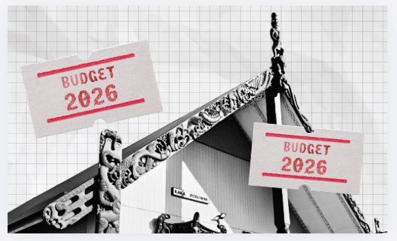 A grayscale image of a traditional building roof with ornate carvings, overlaid with two white cards labeled “BUDGET 2026” in red text on a grid-patterned background. 
